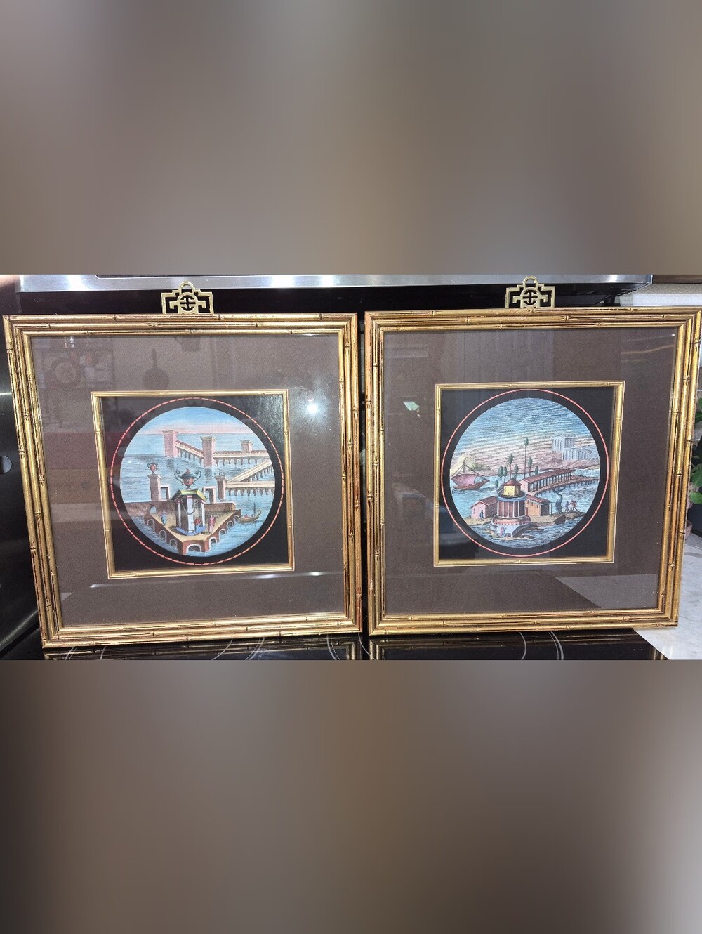 2 Framed Decorative Artworks w/ circular,finely detailed textile Medallions